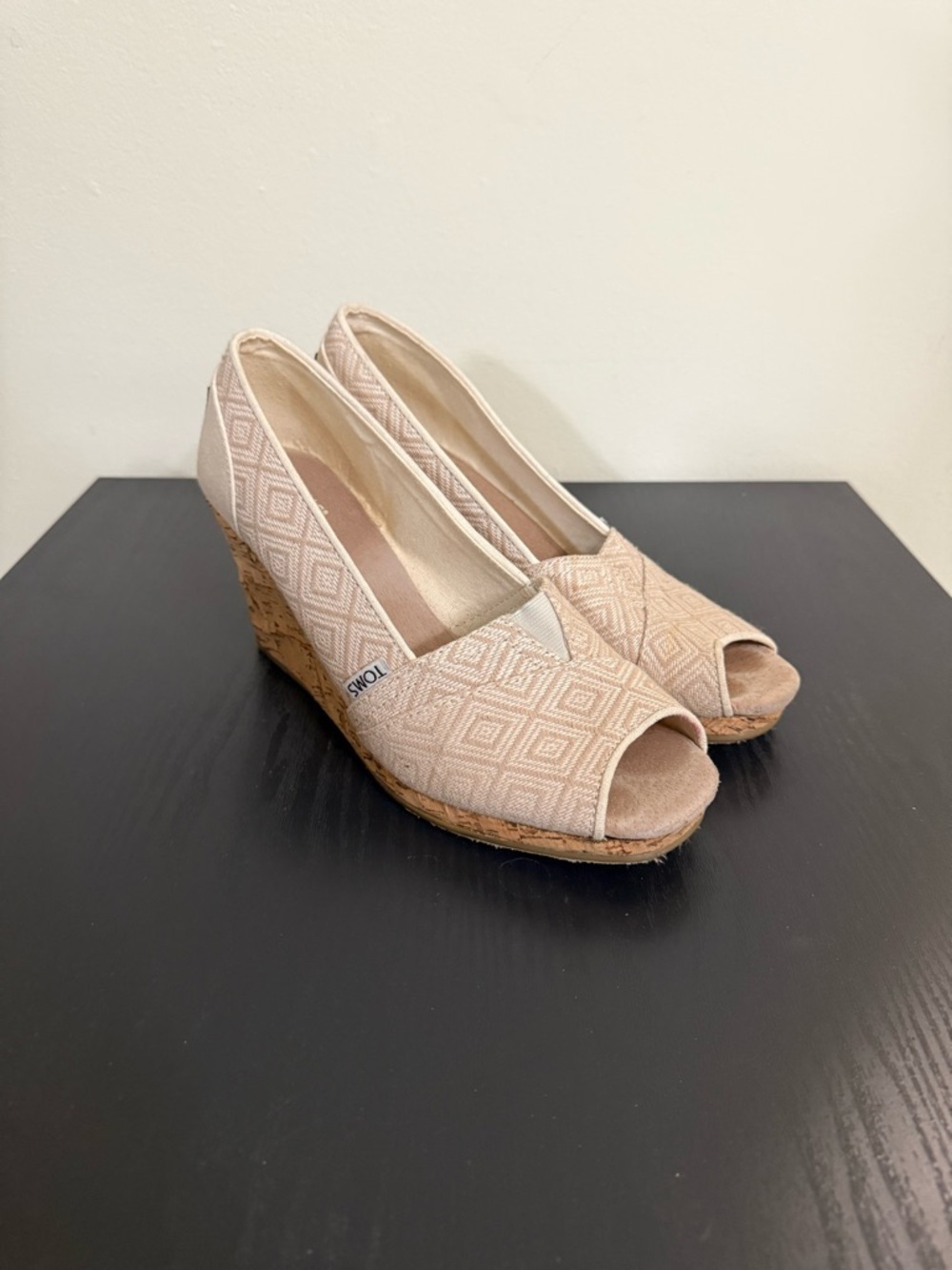 Toms Stella Cream Woven Cork Wedge Heels Espadrilles Sandals Women's Size 9.5